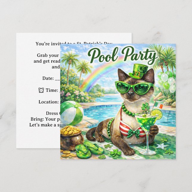 St. Patrick’s Day Glam-Cat-Poolparty  Einladung (Vorne/Hinten)
