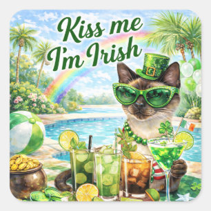 St. Patrick’s Day Glam-Cat-Poolparty  Quadratischer Aufkleber