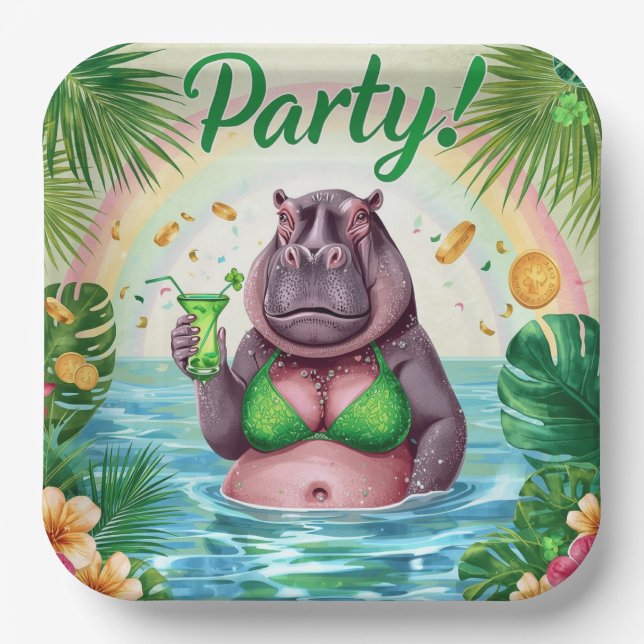 St. Patrick’s Day Glam Hippo Bikini  Pappteller (Vorderseite)