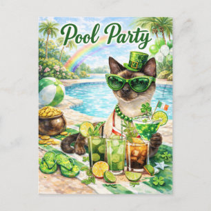 St. Patrick’s Day Glam Katzen Poolparty Einladungspostkarte