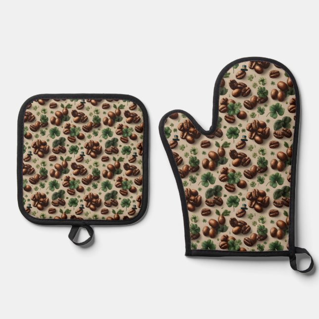 St. Patrick’s Day Kaffee & Shamrock-Muster Ofenhandschuh & Topflappen-Set (Vorderseite)