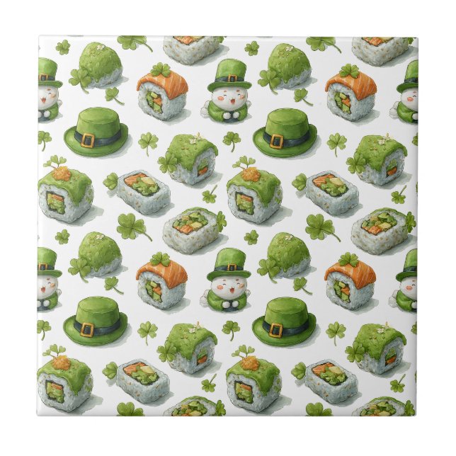 St. Patrick’s Day Sushi-Rollen & Kleeblatt Fliese (Vorderseite)