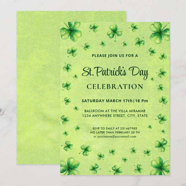 St. Patrick’s Day Wasserfarbe Shamrock auf grün Einladung (Vorne/Hinten)