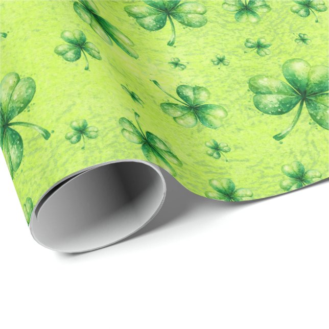 St. Patrick’s Day Wasserfarbe-Shamrock auf grünem  Geschenkpapier (Rolleneckpunkt)