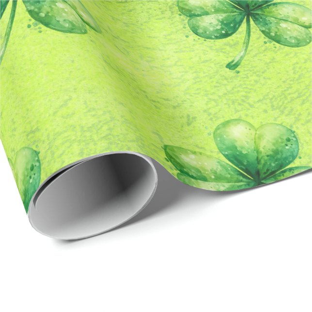 St. Patrick’s Day Wasserfarbe-Shamrock auf grünem  Geschenkpapier (Rolleneckpunkt)