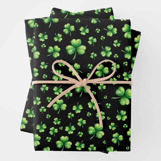St. Patrick’s Day Wasserfarbe-Shamrock auf Schwarz Geschenkpapier Set (Beispiel)