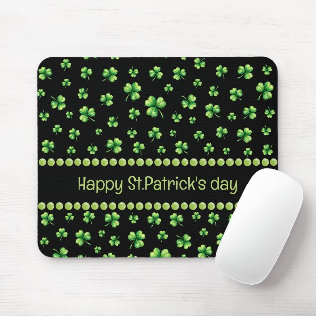St. Patrick’s Day Watercolor Shamrock on black  Mousepad (Mit Mouse)