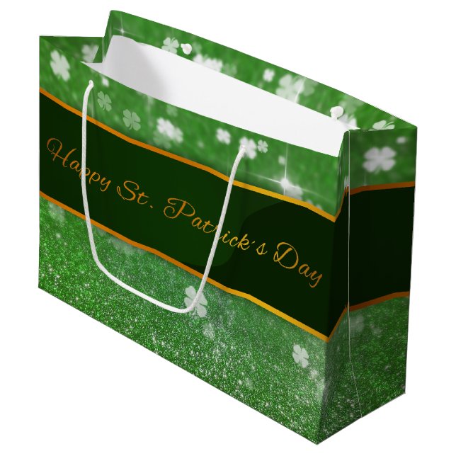 St Patrick TagesGlitzer-Kleeblatt Große Geschenktüte (Vorderseite Schrägansicht)