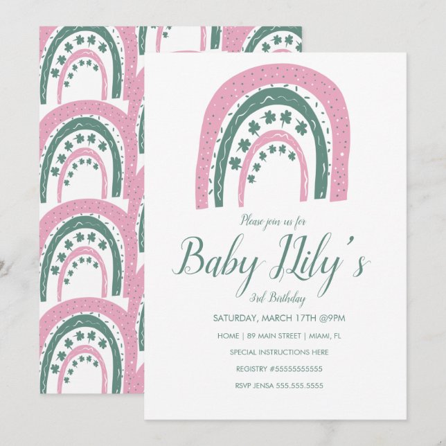 St. Patricks Birthday Rainbow Hand Drawn Pink Einladung (Vorne/Hinten)