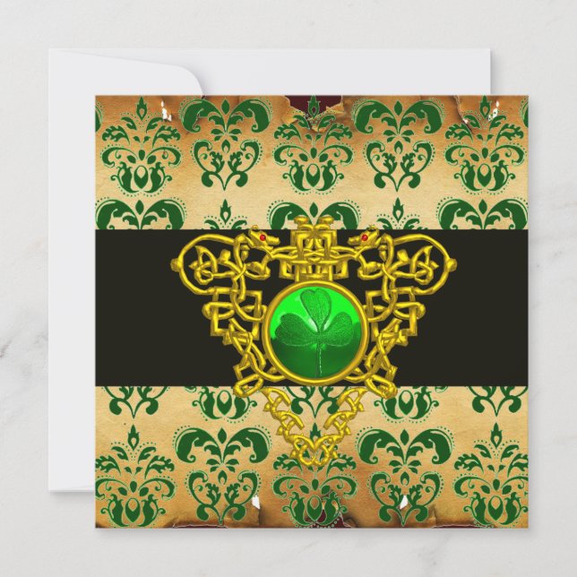 ST.PATRICK'S CELTIC HEART Green Damask Perchment Einladung (Vorderseite)