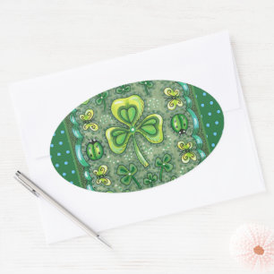 ST. PATRICK'S DACHFOLK ART KLEEBLATTS N' LADYBUGS OVALER AUFKLEBER
