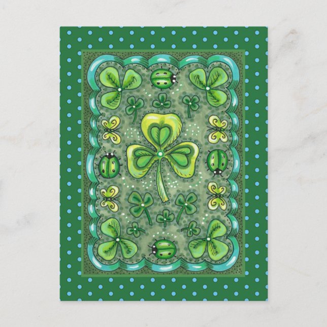 ST. PATRICK'S DACHFOLK ART KLEEBLATTS N' LADYBUGS POSTKARTE (Vorderseite)