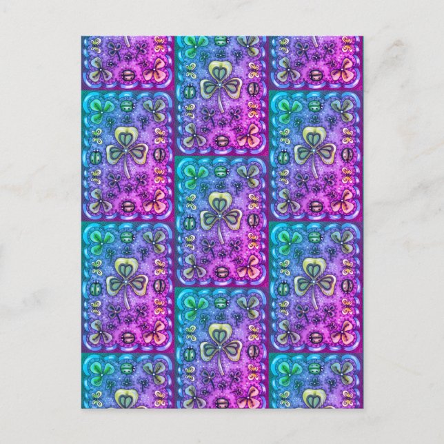 ST. PATRICK'S DACHFOLK ART KLEEBLATTS N' LADYBUGS POSTKARTE (Vorderseite)