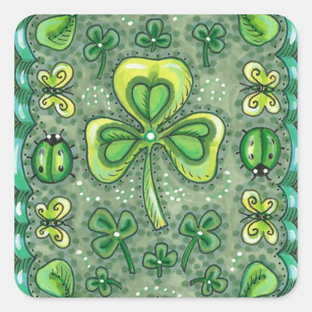 ST. PATRICK'S DACHFOLK ART KLEEBLATTS N' LADYBUGS QUADRATISCHER AUFKLEBER (Vorderseite)