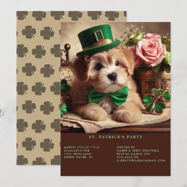 St Patrick's Day Adorable Fluffy Welpenhut Einladung (Vorne/Hinten)