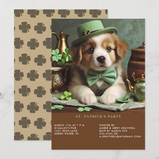 St Patrick's Day Adorable Puppy Green Hat Bow Kraw Einladung (Vorne/Hinten)