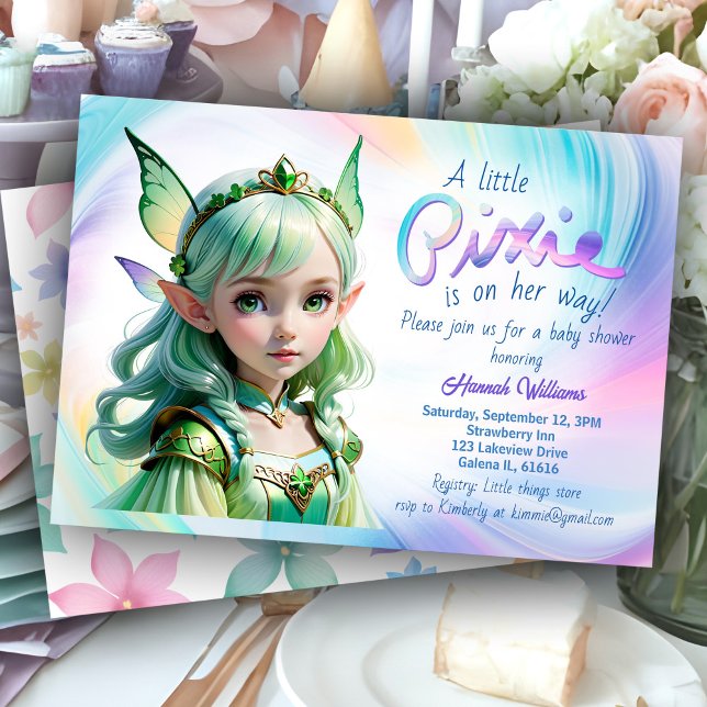 St Patricks Day Baby Dusche Leprechaun Girl Celtic Einladung (St. Patrick's Day rainbow baby shower invitation with cute Celtic girl in green Irish fairy dress)