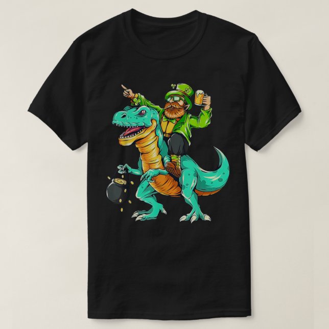 St Patrick's Day Bartded Riding Dinosaur Kleeblatt T-Shirt (Design vorne)