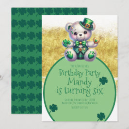 St.Patrick's Day Bear Birthday Gold Green Einladung