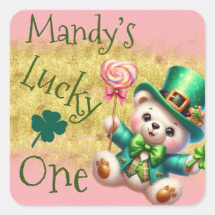St.Patrick's Day Bear Pink Geburtstag Lucky One Quadratischer Aufkleber