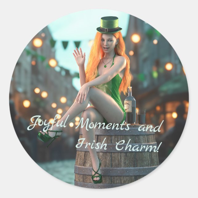 St Patrick's Day Beauty sitzt auf einem Fass Runder Aufkleber (Vorderseite)