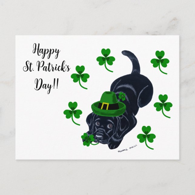 St. Patrick's Day Black Labrador Puppy Postkarte (Vorderseite)