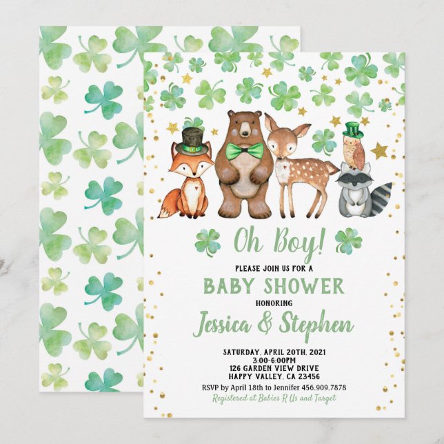 St Patrick's Day Boy Baby Shower Kleeblatt Tiere Einladung (Vorne/Hinten)