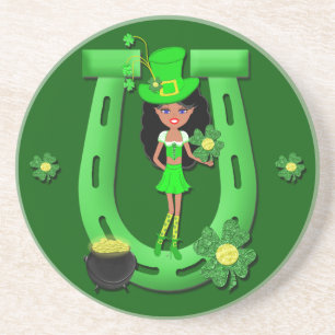 St Patrick's Day Brünett Girl Leprechaun Sandstein Untersetzer