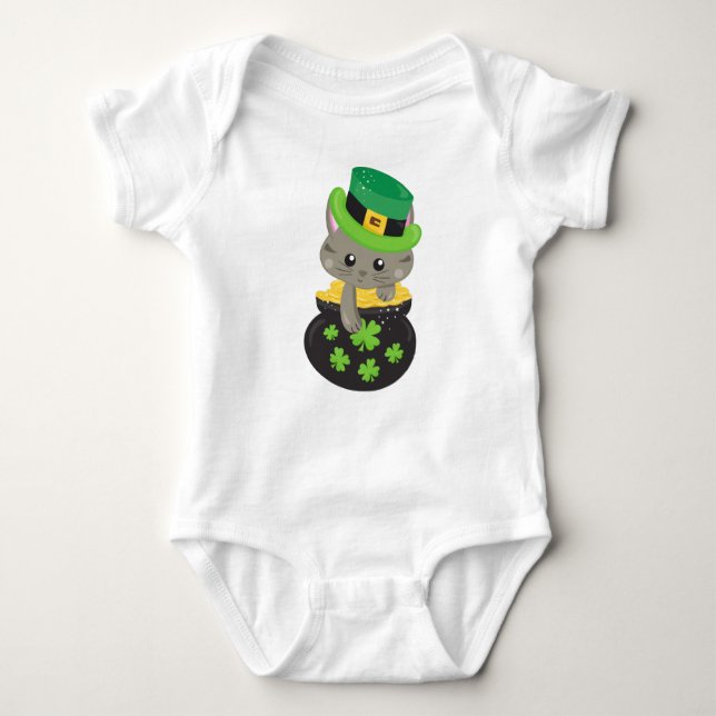 St. Patrick's Day Cat, Clovers, Pot of Gold Baby Strampler (Vorderseite)