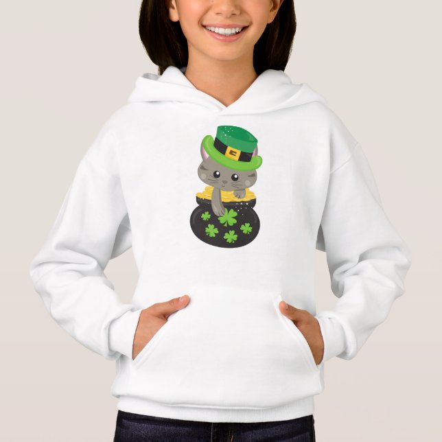 St. Patrick's Day Cat, Clovers, Pot of Gold Hoodie (Vorderseite)