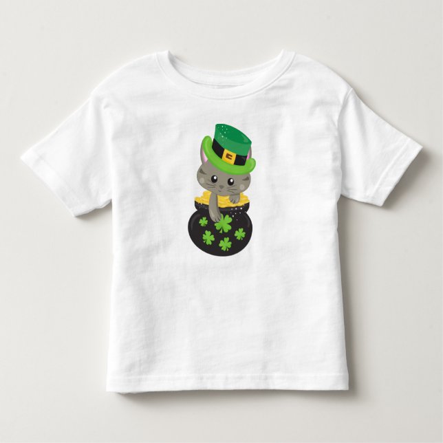 St. Patrick's Day Cat, Clovers, Pot of Gold Kleinkind T-shirt (Vorderseite)