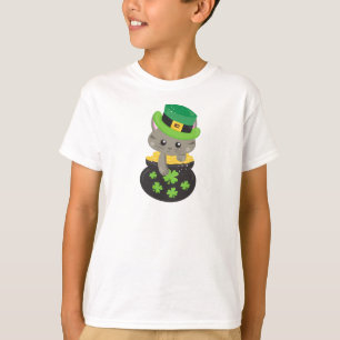 St. Patrick's Day Cat, Clovers, Pot of Gold T-Shirt