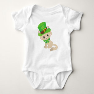 St. Patrick's Day Cat, Leprechaun Hat, Clovers Baby Strampler