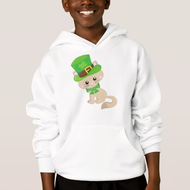 St. Patrick's Day Cat, Leprechaun Hat, Clovers Hoodie (Vorderseite)