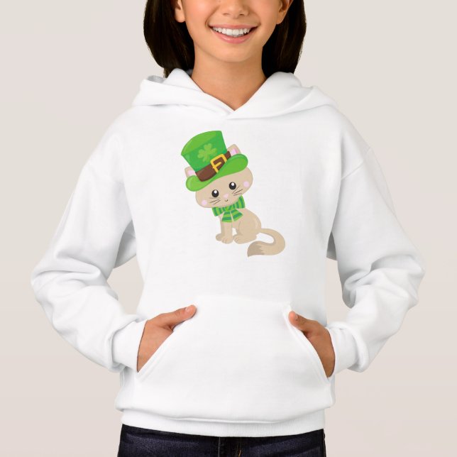 St. Patrick's Day Cat, Leprechaun Hat, Clovers Hoodie (Vorderseite)