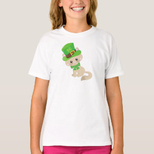 St. Patrick's Day Cat, Leprechaun Hat, Clovers T-Shirt