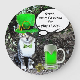 ST PATRICK'S DAY CAT MIT GRÜNEN IRISH BIER GROßE WANDUHR