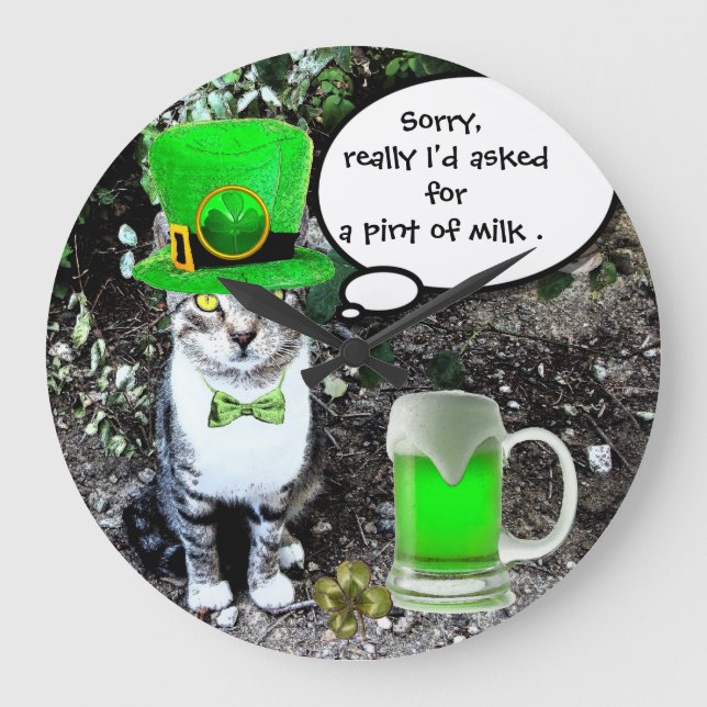 ST PATRICK'S DAY CAT MIT GRÜNEN IRISH BIER GROßE WANDUHR (Vorderseite)