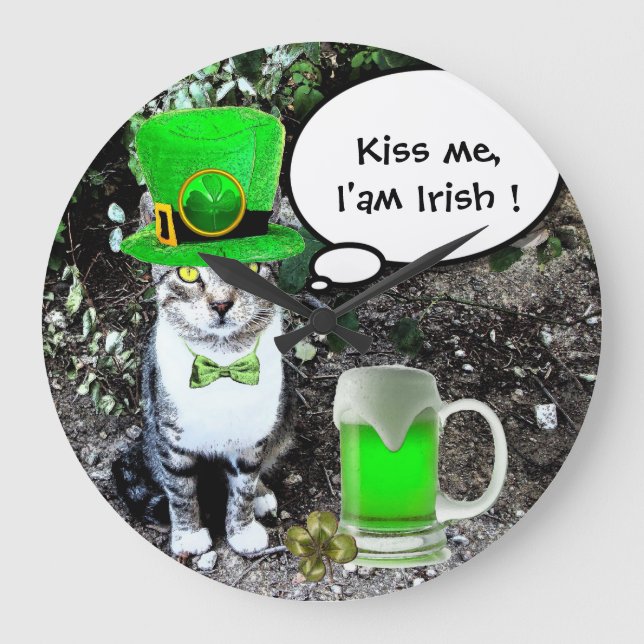 ST PATRICK'S DAY CAT MIT GRÜNEN IRISH BIER GROßE WANDUHR (Vorderseite)