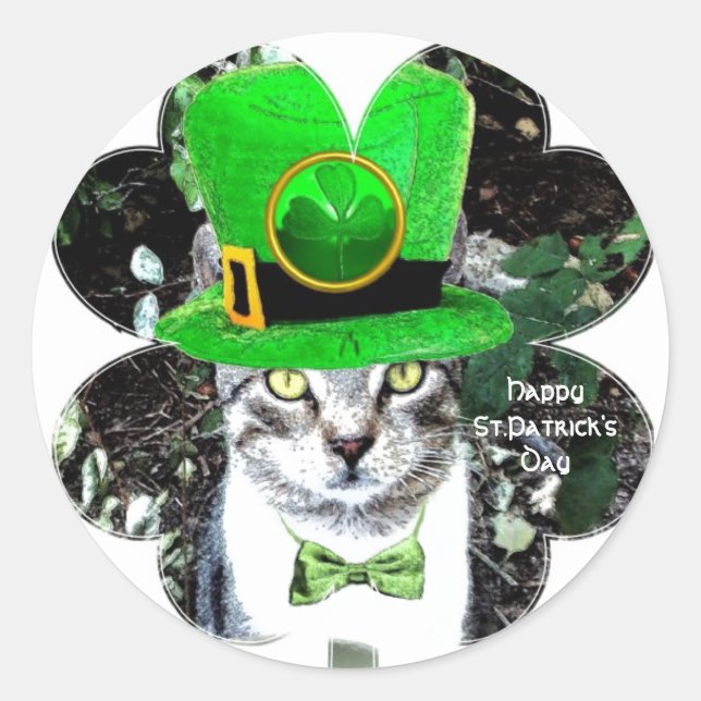 ST PATRICK'S DAY CAT MIT LEPRECHAUN HAT CLOVER RUNDER AUFKLEBER (Vorderseite)