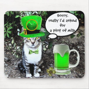 ST PATRICK'S DAY CAT WITH GREEN IRISH BEER MOUSEPAD