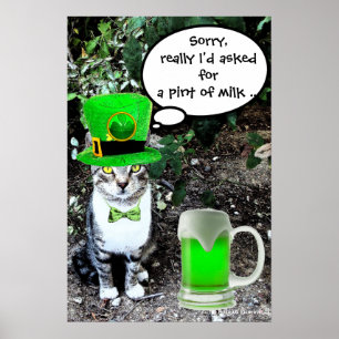 ST PATRICK'S DAY CAT WITH GREEN IRISH BEER POSTER