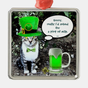 ST PATRICK'S DAY CAT WITH GREEN IRISH BEER SILBERNES ORNAMENT