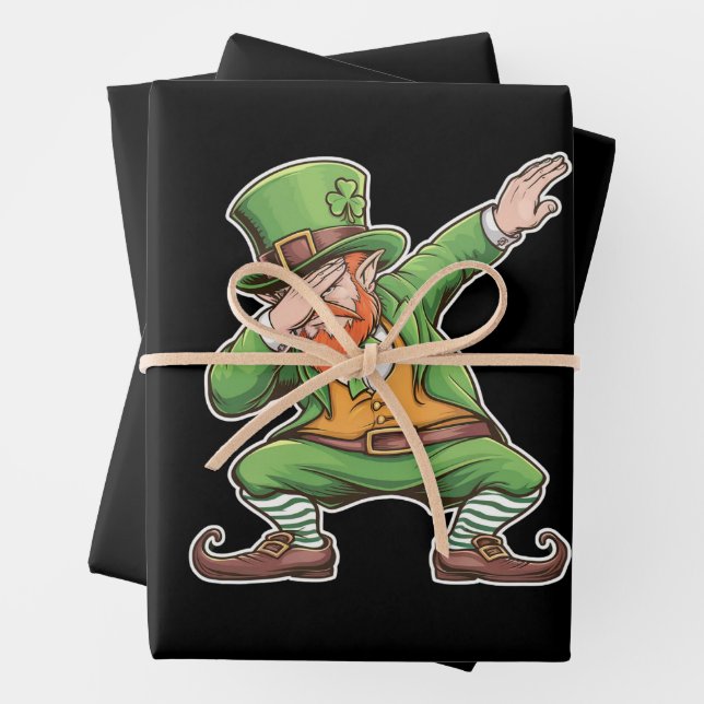 St Patricks Day Dab Dabbing Leprechaun Green Geschenkpapier Set (Beispiel)