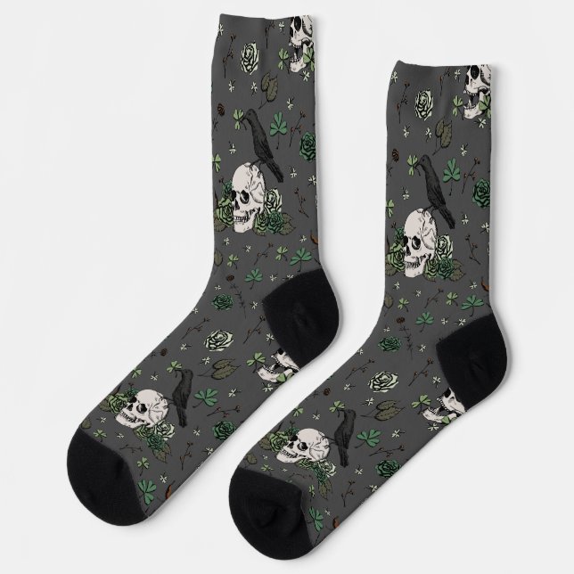 St Patrick's Day Dark Gray & Green Skulls & Rose Socken (Linkes Detail)
