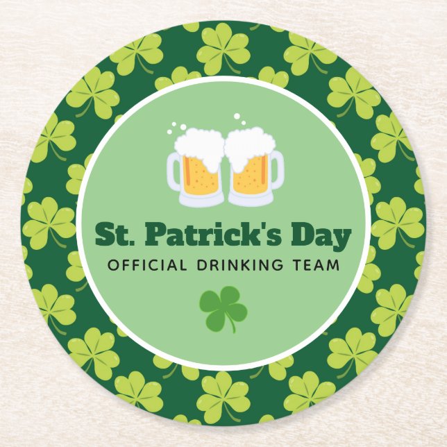 St. Patrick's Day Drinking Team Clover Pattern Runder Pappuntersetzer (Vorderseite)