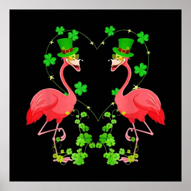 St Patrick's Day Flamingo Kleeblatt Herz Poster (Vorne)