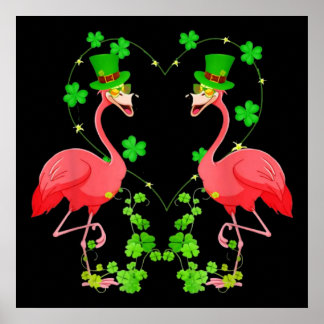 St Patrick's Day Flamingo Kleeblatt Herz Poster