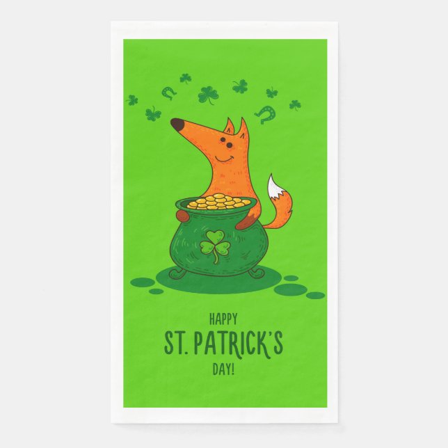 St Patricks Day Fox Pot of Gold Green Kleeblatt Serviette (Vorderseite)