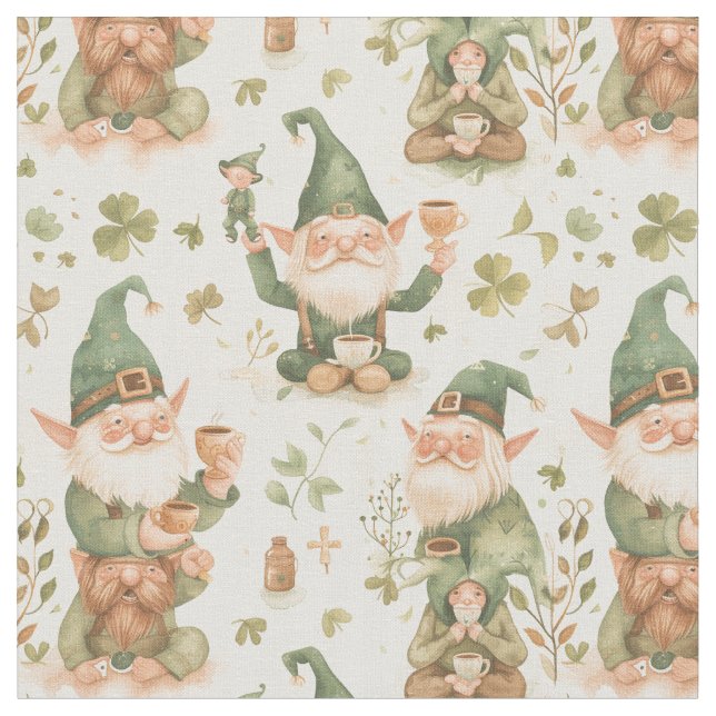 St. Patrick's Day Funny Gnome Coffee Pattern Stoff (Nahaufnahme)